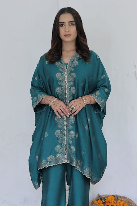 Shop_Safaa_Blue Velvet Embroidery Scoop Neck Idris Gardenia Woven Kaftan With Pant _Online_at_Aza_Fashions