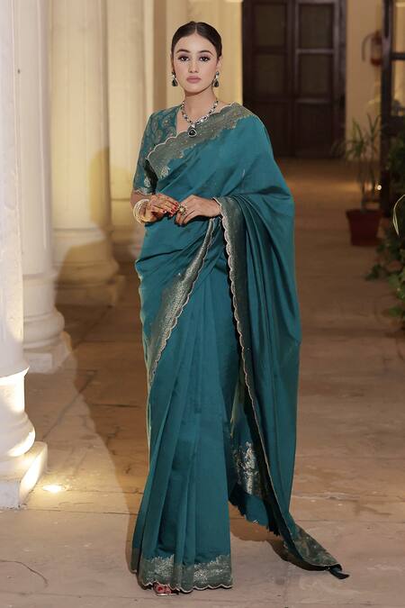 Safaa_Blue Silk, Mohair Zohreh Paisley Soiree Scallop Border Saree With Blouse _Online_at_Aza_Fashions