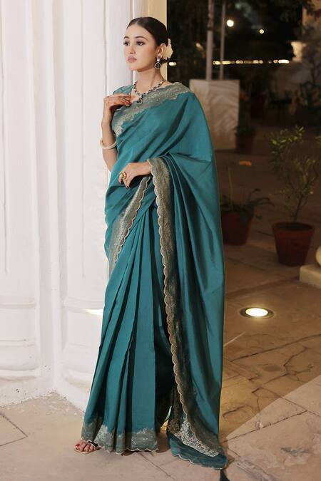 Buy_Safaa_Blue Silk, Mohair Zohreh Paisley Soiree Scallop Border Saree With Blouse _Online_at_Aza_Fashions