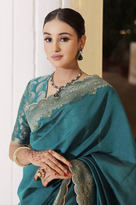 Shop_Safaa_Blue Silk, Mohair Zohreh Paisley Soiree Scallop Border Saree With Blouse _Online_at_Aza_Fashions