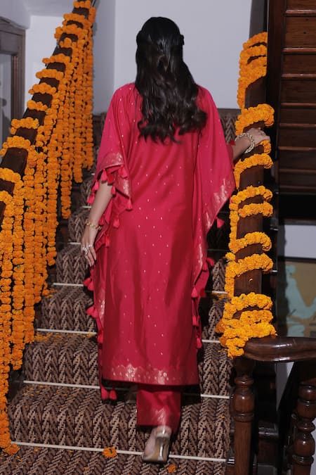 Shop_Safaa_Pink Mohair Tassels V-neck Elham Ditsy Butti Woven Kaftan With Pant _at_Aza_Fashions