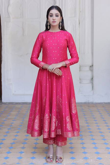 Safaa_Pink Mohair Embroidery, Tassels Reza Peony Fleur Butti Woven Anarkali Pant Set _Online_at_Aza_Fashions