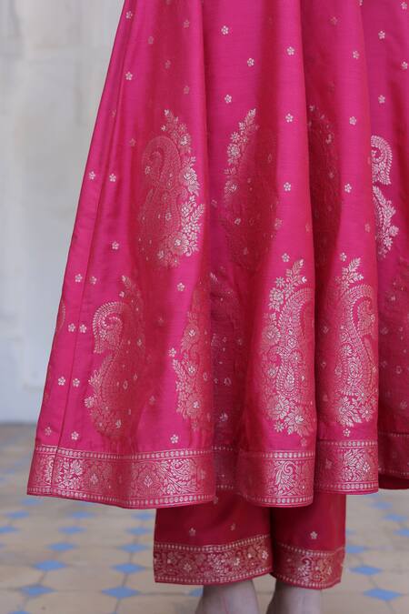 Buy_Safaa_Pink Mohair Embroidery, Tassels Reza Peony Fleur Butti Woven Anarkali Pant Set _Online_at_Aza_Fashions