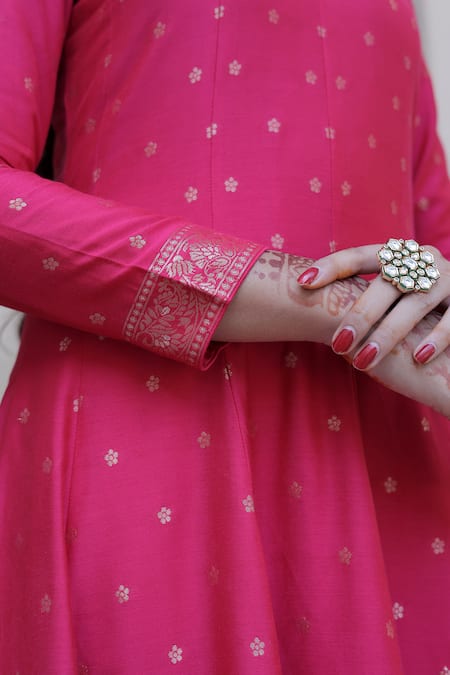 Shop_Safaa_Pink Mohair Embroidery, Tassels Reza Peony Fleur Butti Woven Anarkali Pant Set _Online_at_Aza_Fashions