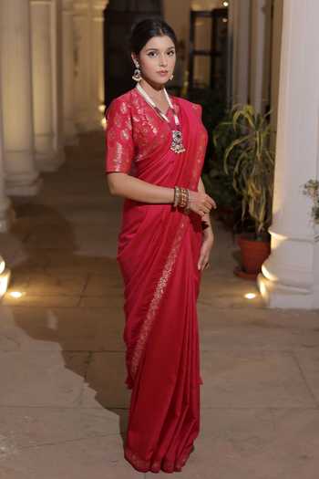 Buy_Safaa_Pink Silk, Mohair Tassels Yasin Persian Bloom Woven Border Saree With Blouse _Online_at_Aza_Fashions