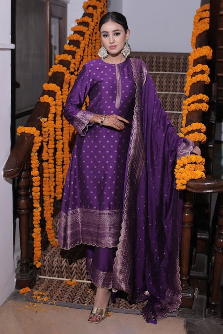 Safaa Purple Vegan Silk Woven Zinnia Butti Round Neck Armaan Anarkali Pant Set