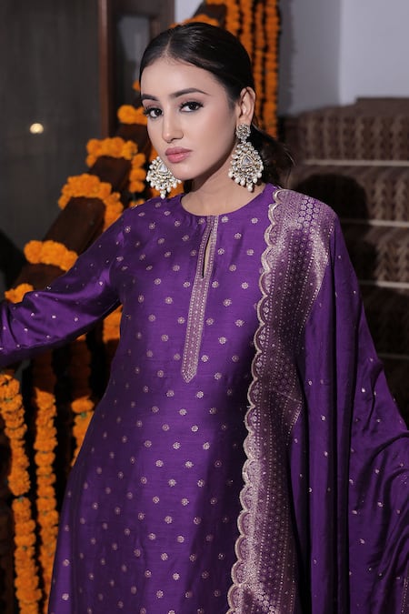 Safaa_Purple Velvet Tassels Round Neck Armaan Zinnia Butti Woven Anarkali Pant Set _Online_at_Aza_Fashions