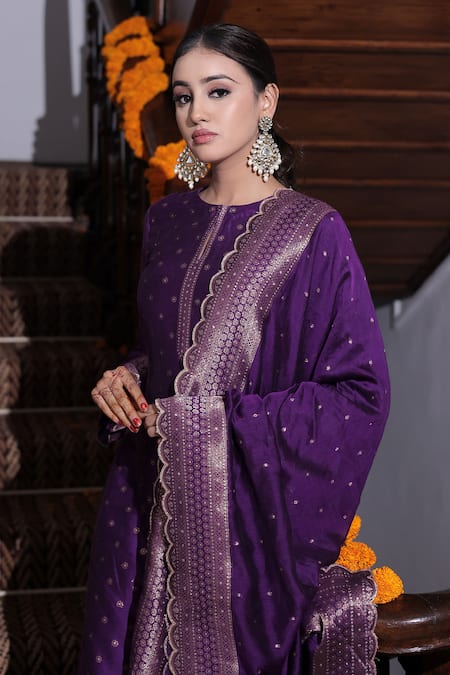 Buy_Safaa_Purple Velvet Tassels Round Neck Armaan Zinnia Butti Woven Anarkali Pant Set _Online_at_Aza_Fashions