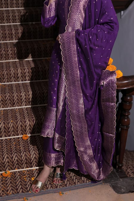 Shop_Safaa_Purple Velvet Tassels Round Neck Armaan Zinnia Butti Woven Anarkali Pant Set _Online_at_Aza_Fashions