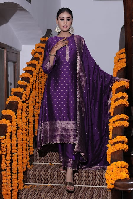 Safaa_Purple Velvet Tassels Round Neck Armaan Zinnia Butti Woven Anarkali Pant Set _at_Aza_Fashions