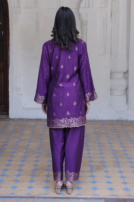 Shop_Safaa_Purple Velvet Embroidery, Tassels Mahenoor Jasmine Flora Woven Kurta Pant Set _at_Aza_Fashions