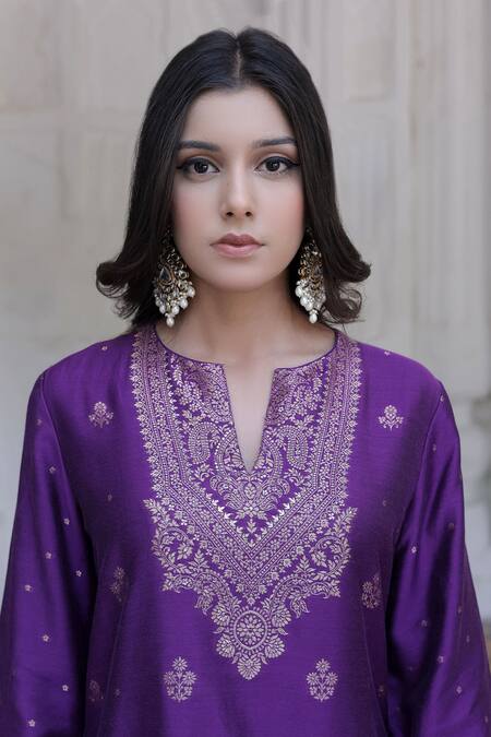 Shop_Safaa_Purple Velvet Embroidery, Tassels Mahenoor Jasmine Flora Woven Kurta Pant Set _Online_at_Aza_Fashions