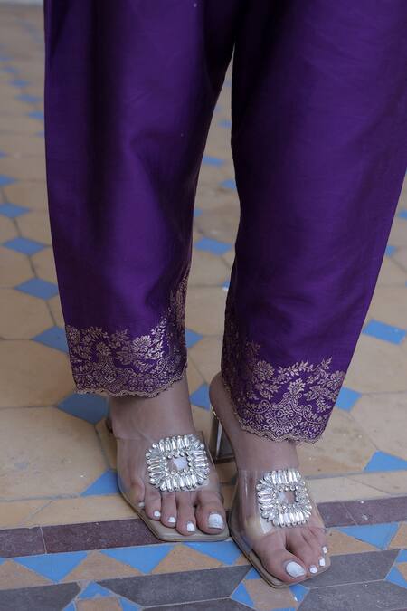 Safaa_Purple Velvet Embroidery, Tassels Mahenoor Jasmine Flora Woven Kurta Pant Set _at_Aza_Fashions