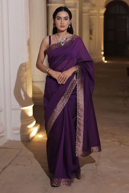 Safaa Purple Moonga Silk Woven Mughal Fleur Nadia Scallop Border Saree With Blouse