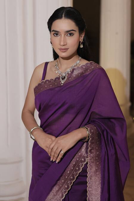 Buy_Safaa_Purple Silk, Mohair Nadia Mughal Fleur Woven Scallop Border Saree With Blouse _Online_at_Aza_Fashions