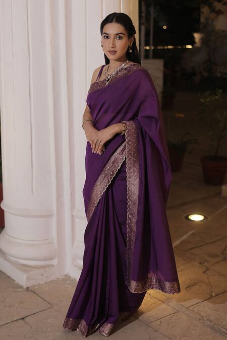 Shop_Safaa_Purple Silk, Mohair Nadia Mughal Fleur Woven Scallop Border Saree With Blouse _Online_at_Aza_Fashions