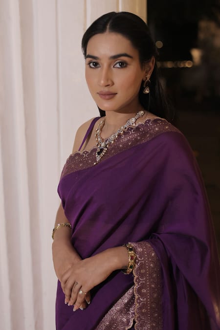 Safaa_Purple Silk, Mohair Nadia Mughal Fleur Woven Scallop Border Saree With Blouse _at_Aza_Fashions