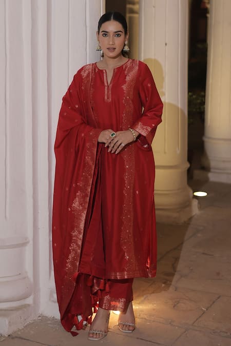 Safaa Red Moonga Silk Woven Mimosa Garden Notched Zaynab Kurta Pant Set