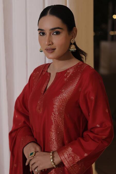 Buy_Safaa_Red Silk, Mohair Embroidery Split Zaynab Mimosa Garden Woven Kurta Pant Set _Online_at_Aza_Fashions