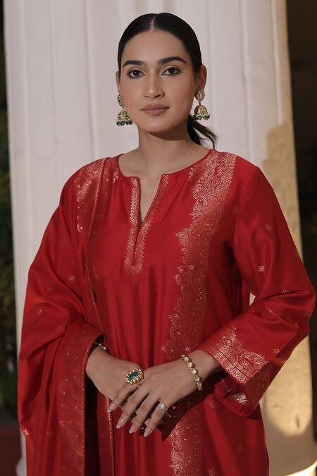 Shop_Safaa_Red Silk, Mohair Embroidery Split Zaynab Mimosa Garden Woven Kurta Pant Set _Online_at_Aza_Fashions