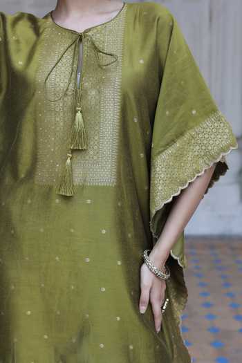 Shop_Safaa_Green Velvet Embroidery Round Neck Aida Edelweiss Bloom Woven Kaftan With Pant _Online_at_Aza_Fashions