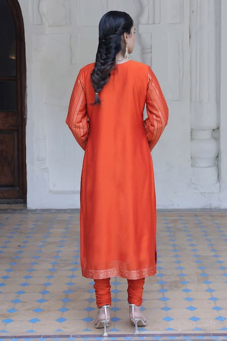 Shop_Safaa_Orange Mohair, Silk Embroidery, Amina Striped Gladiolus Vine Woven Kurta Set _at_Aza_Fashions