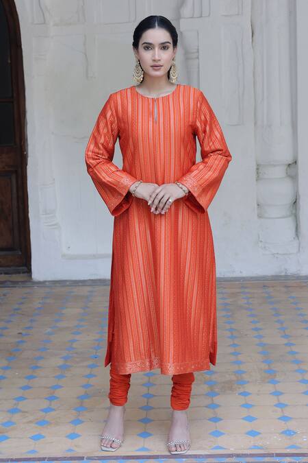 Safaa_Orange Mohair, Silk Embroidery, Amina Striped Gladiolus Vine Woven Kurta Set _Online_at_Aza_Fashions