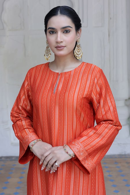 Buy_Safaa_Orange Mohair, Silk Embroidery, Amina Striped Gladiolus Vine Woven Kurta Set _Online_at_Aza_Fashions
