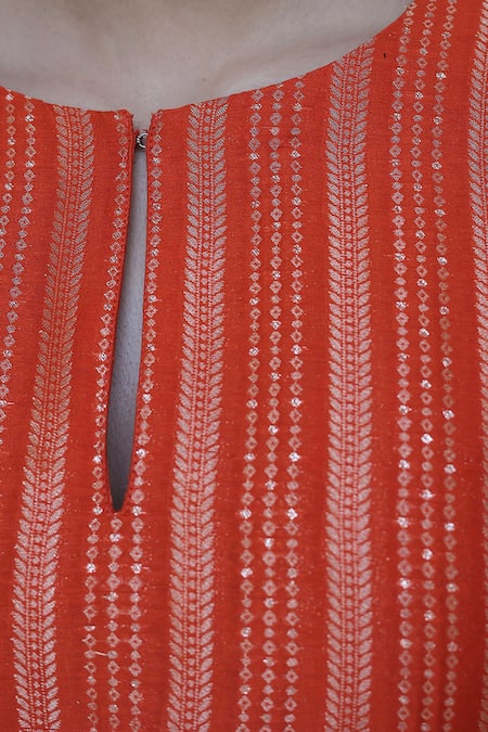 Shop_Safaa_Orange Mohair, Silk Embroidery, Amina Striped Gladiolus Vine Woven Kurta Set _Online_at_Aza_Fashions