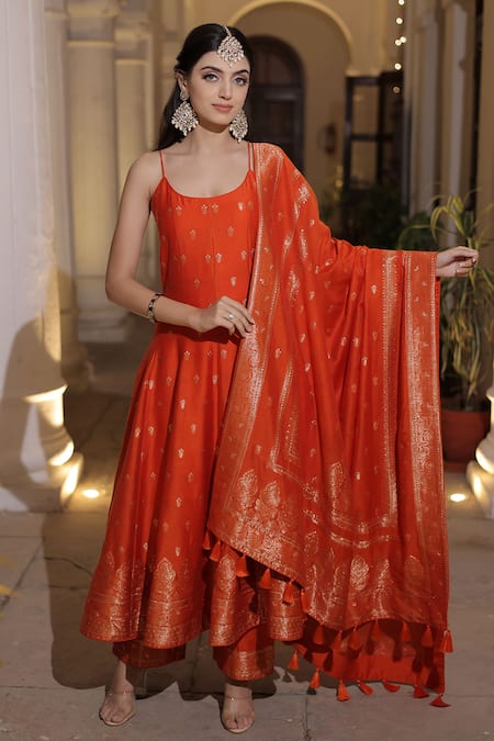 Buy_Safaa_Orange Mohair Tassels Scoop Neck Behnaaz Carnation Bloom Woven Anarkali Pant Set _Online_at_Aza_Fashions