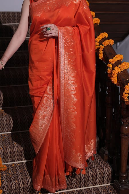 Shop_Safaa_Orange Silk, Mohair Tassels Niaz Paisley Philia Woven Border Saree With Blouse _Online_at_Aza_Fashions