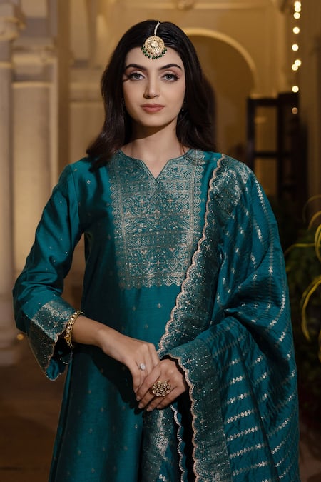Safaa Blue Silk, Mohair Tassels Ruzbeh Florence Woven Kurta Pant Set Online at Aza Fashions Safaa_Blue Silk, Mohair Tassels Ruzbeh Florence Woven Kurta Pant Set _Online_at_Aza_Fashions