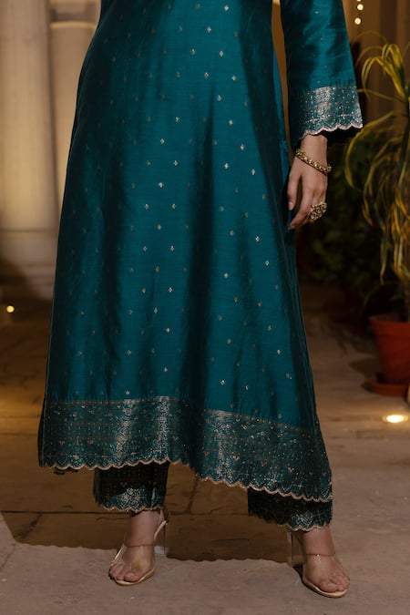 Shop Safaa Blue Silk, Mohair Tassels Ruzbeh Florence Woven Kurta Pant Set Online at Aza Fashions Shop_Safaa_Blue Silk, Mohair Tassels Ruzbeh Florence Woven Kurta Pant Set _Online_at_Aza_Fashions