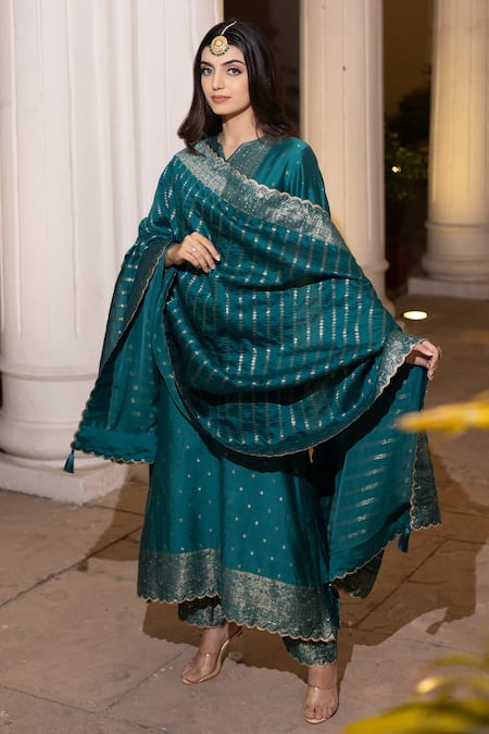 Safaa Blue Silk, Mohair Tassels Ruzbeh Florence Woven Kurta Pant Set at Aza Fashions Safaa_Blue Silk, Mohair Tassels Ruzbeh Florence Woven Kurta Pant Set _at_Aza_Fashions