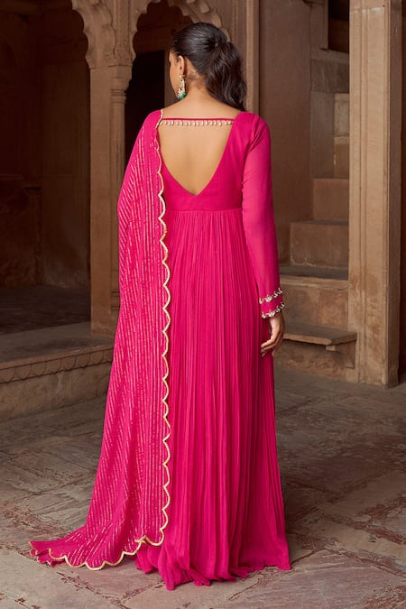 Shop_Sonal Pasrija_Fuchsia Georgette, Lurex Tassels, Anarkali With Scallop Border Dupatta _at_Aza_Fashions