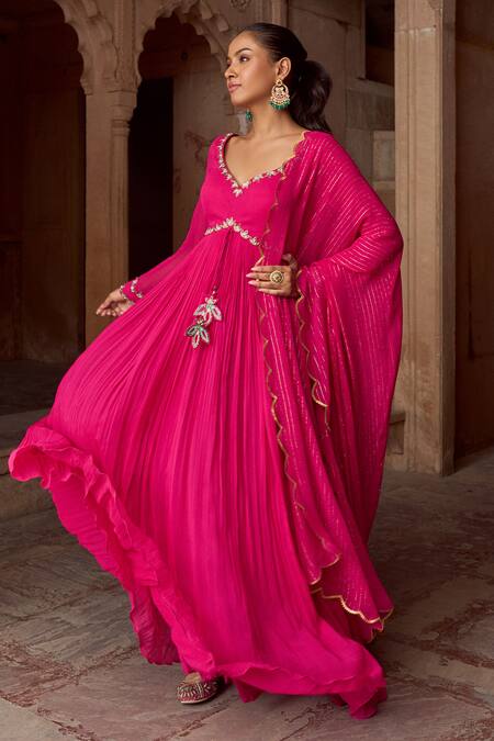 Sonal Pasrija_Fuchsia Georgette, Lurex Tassels, Anarkali With Scallop Border Dupatta _Online_at_Aza_Fashions