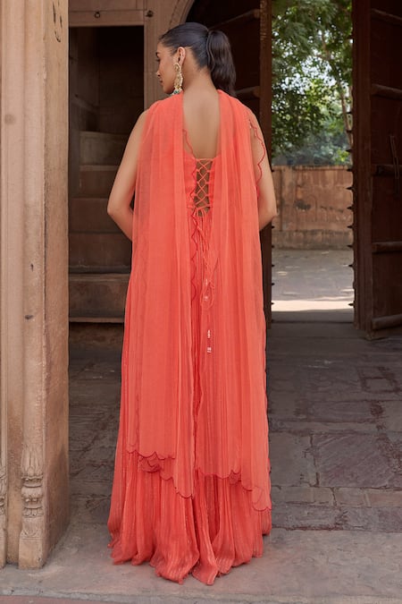 Shop Sonal Pasrija Orange Silk, Net, Lurex Embroidery Gathered Floral Cutwork Anarkali With Dupatta at Aza Fashions Shop_Sonal Pasrija_Orange Silk, Net, Lurex Embroidery Gathered Floral Cutwork Anarkali With Dupatta _at_Aza_Fashions
