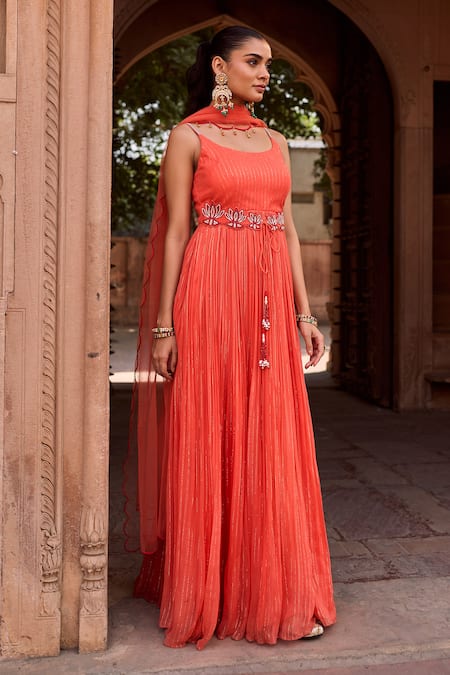 Sonal Pasrija Orange Silk, Net, Lurex Embroidery Gathered Floral Cutwork Anarkali With Dupatta Online at Aza Fashions Sonal Pasrija_Orange Silk, Net, Lurex Embroidery Gathered Floral Cutwork Anarkali With Dupatta _Online_at_Aza_Fashions