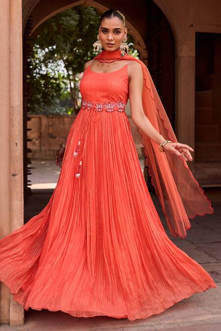 Buy Sonal Pasrija Orange Silk, Net, Lurex Embroidery Gathered Floral Cutwork Anarkali With Dupatta Online at Aza Fashions Buy_Sonal Pasrija_Orange Silk, Net, Lurex Embroidery Gathered Floral Cutwork Anarkali With Dupatta _Online_at_Aza_Fashions