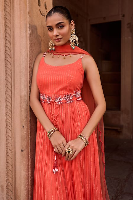Shop Sonal Pasrija Orange Silk, Net, Lurex Embroidery Gathered Floral Cutwork Anarkali With Dupatta Online at Aza Fashions Shop_Sonal Pasrija_Orange Silk, Net, Lurex Embroidery Gathered Floral Cutwork Anarkali With Dupatta _Online_at_Aza_Fashions