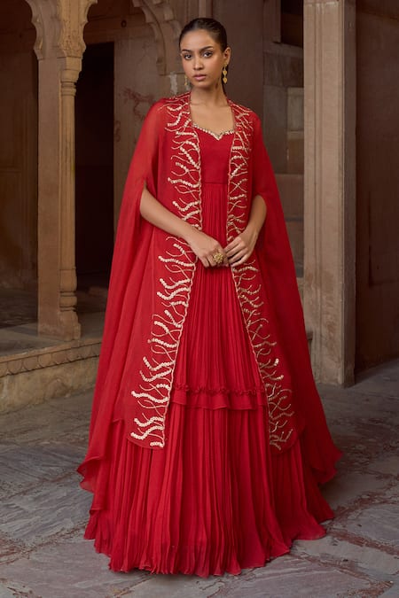 Sonal Pasrija Embroidered Anarkali With Organza Cape 