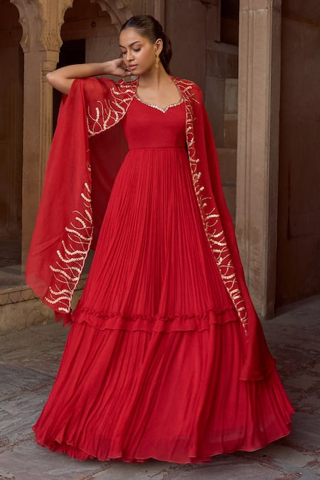 Sonal Pasrija Red Organza, Georgette Embroidery Anarkali With Cape Online at Aza Fashions Sonal Pasrija_Red Organza, Georgette Embroidery Anarkali With Cape _Online_at_Aza_Fashions