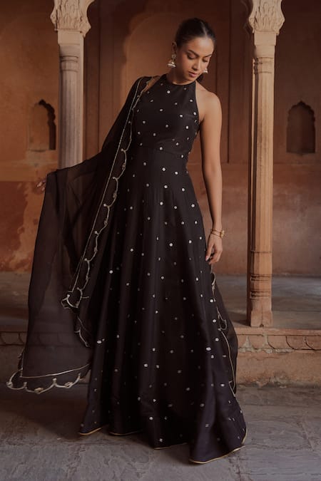 Sonal Pasrija_Black Silk, Organza Embroidery Halter Neck Embellished Anarkali With Dupatta _Online_at_Aza_Fashions