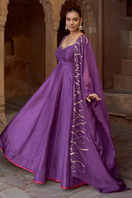 Sonal Pasrija Purple Silk, Organza Beads Boat Neck Embellished Kalidaar Kurta With Dupatta Online at Aza Fashions Sonal Pasrija_Purple Silk, Organza Beads Boat Neck Embellished Kalidaar Kurta With Dupatta _Online_at_Aza_Fashions