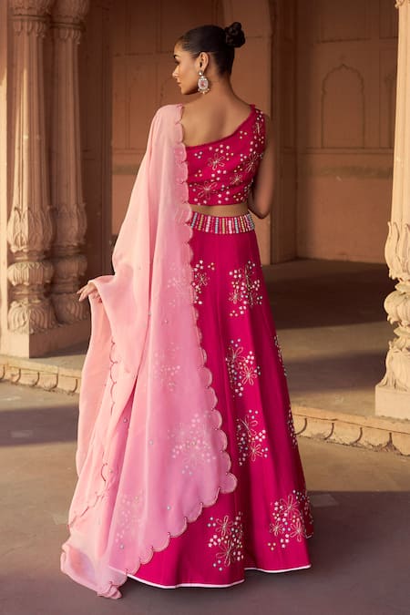 Shop Sonal Pasrija Fuchsia Silk, Organza Embroidery One Shoulder Floral Lehenga Set at Aza Fashions Shop_Sonal Pasrija_Fuchsia Silk, Organza Embroidery One Shoulder Floral Lehenga Set _at_Aza_Fashions