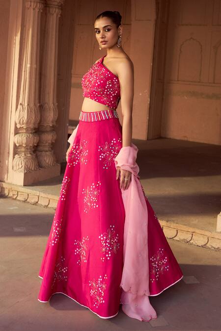 Sonal Pasrija Fuchsia Silk, Organza Embroidery One Shoulder Floral Lehenga Set Online at Aza Fashions Sonal Pasrija_Fuchsia Silk, Organza Embroidery One Shoulder Floral Lehenga Set _Online_at_Aza_Fashions