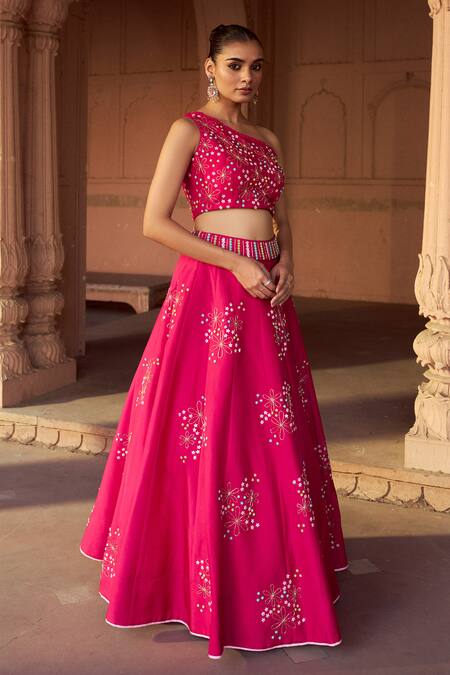 Buy Sonal Pasrija Fuchsia Silk, Organza Embroidery One Shoulder Floral Lehenga Set Online at Aza Fashions Buy_Sonal Pasrija_Fuchsia Silk, Organza Embroidery One Shoulder Floral Lehenga Set _Online_at_Aza_Fashions