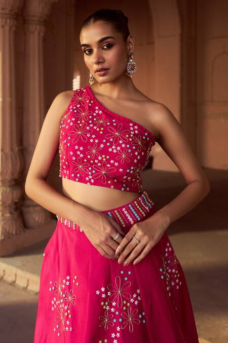 Shop Sonal Pasrija Fuchsia Silk, Organza Embroidery One Shoulder Floral Lehenga Set Online at Aza Fashions Shop_Sonal Pasrija_Fuchsia Silk, Organza Embroidery One Shoulder Floral Lehenga Set _Online_at_Aza_Fashions