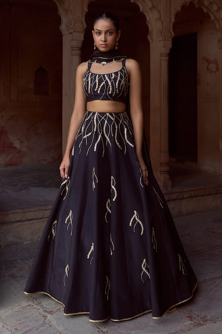 Sonal Pasrija Black Silk, Organza Tassels, Embroidery Scoop Neck Dori Lehenga Set 