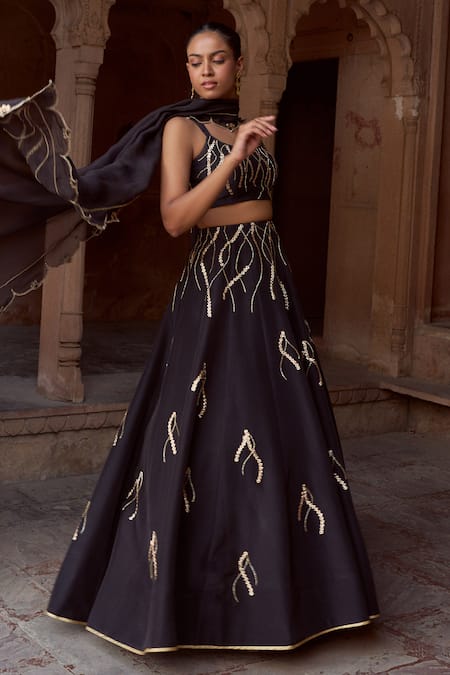 Sonal Pasrija_Black Silk, Organza Tassels, Embroidery Scoop Neck Dori Lehenga Set _Online_at_Aza_Fashions